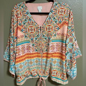 Chico's Tile-Print Jacket Size 2 Peach Teal Full Zip Dolman Loose Sleeve Mosaic